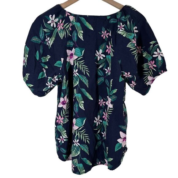 Old Navy | Navy Blue Floral Tropical Print Short Sleeve Blouse Women’s Large - Picture 4 of 8